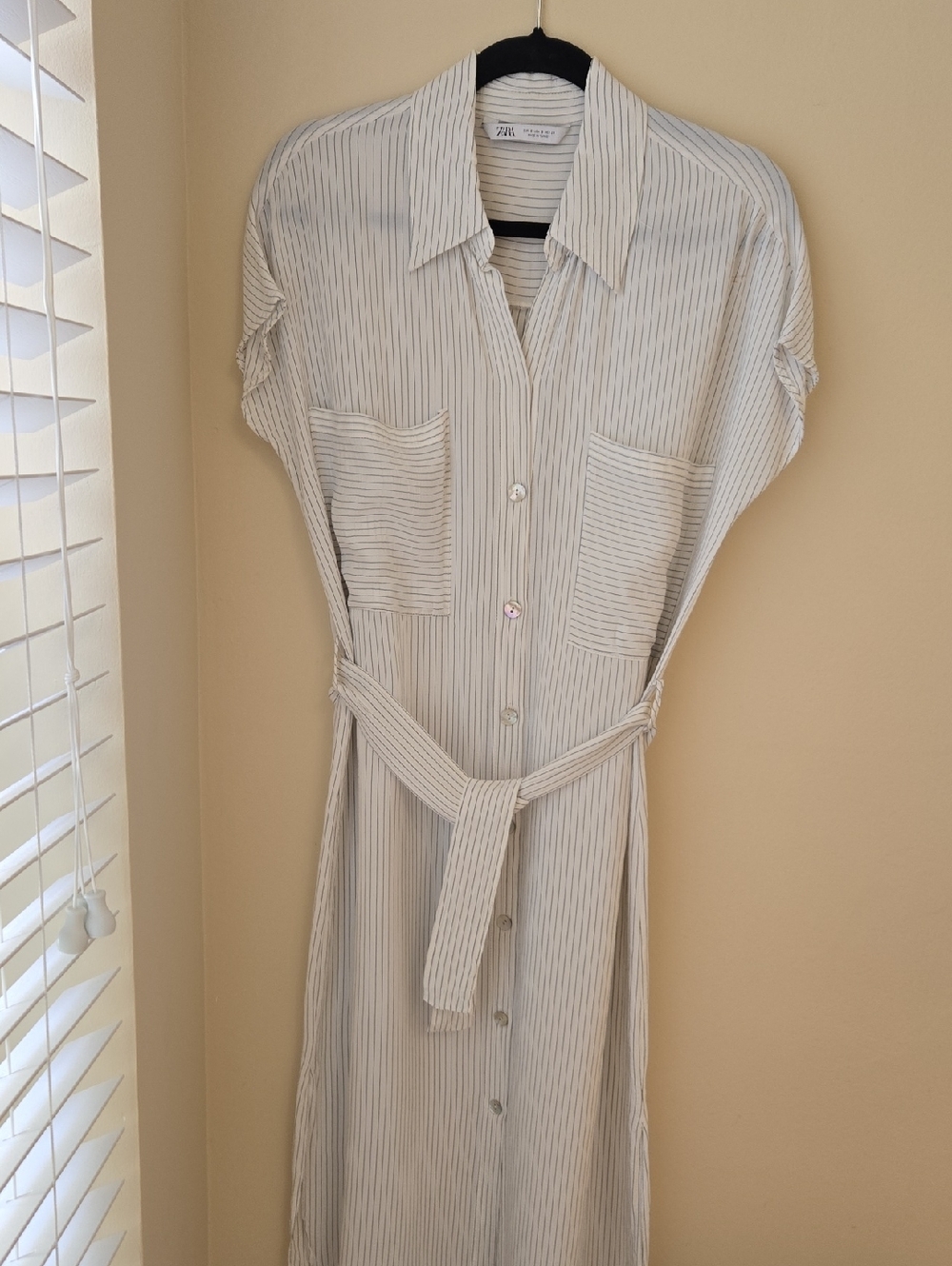 Zara Cream and Gray Striped Button-Front Shirt Dress